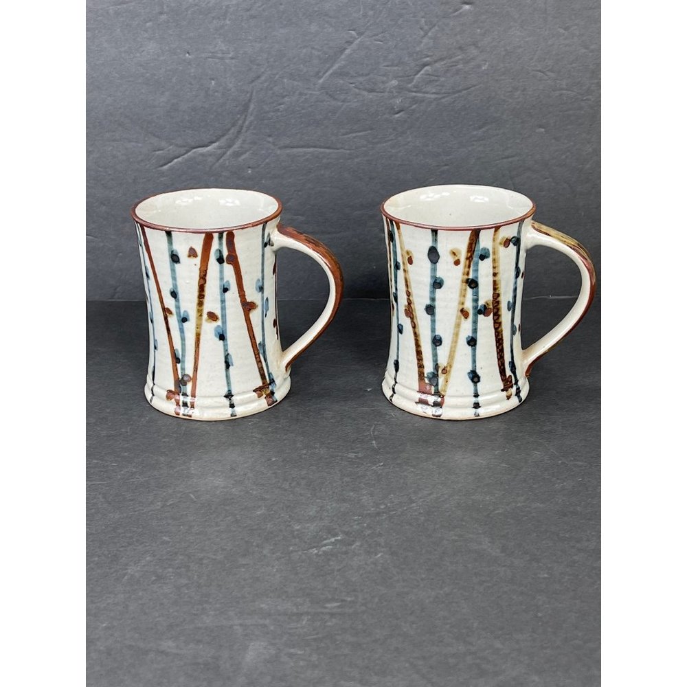 Vintage Pottery Thrown Mugs 2 Set CoffeeTea Retro 90s Hand Painted Boho